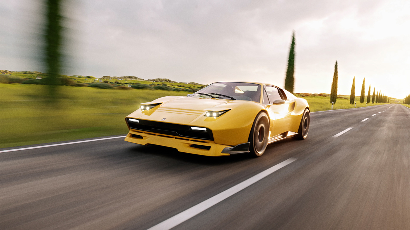 animation  automotive   Cars CGI FERRARI gto rendering Sportscar Tuscany yellow