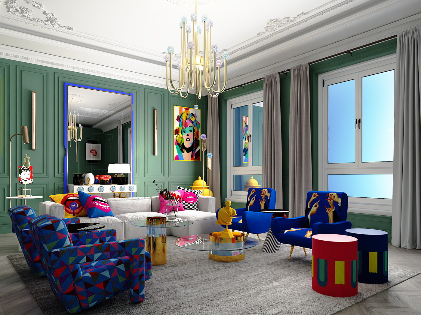 artwork colorful design Interior interior design  living room living room design Pop Art portrait Render