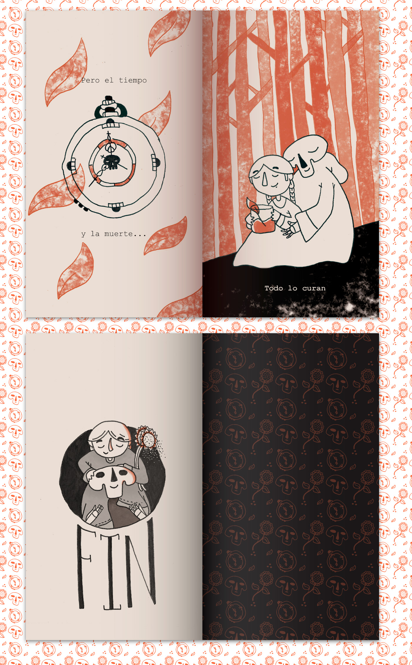 Riso death fanzine short story children illustration sunflower pattern Muerte cuento duo tone