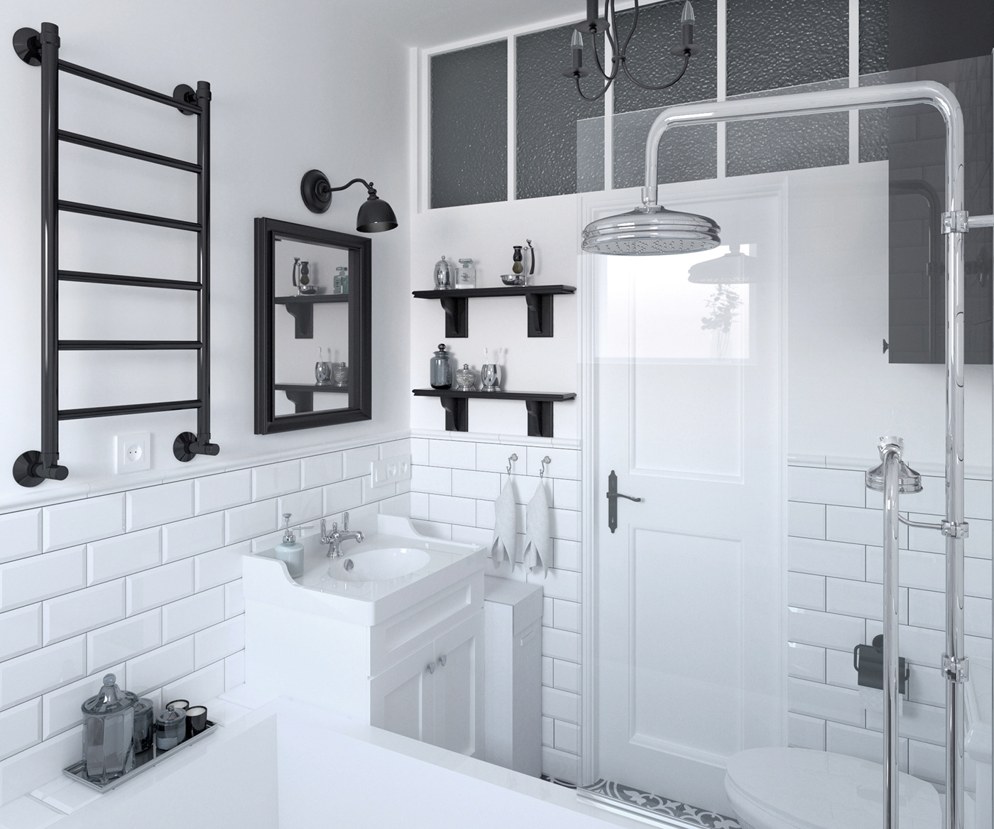 White black stylish Retro bath bathroom vintage oldschool minimal tiles