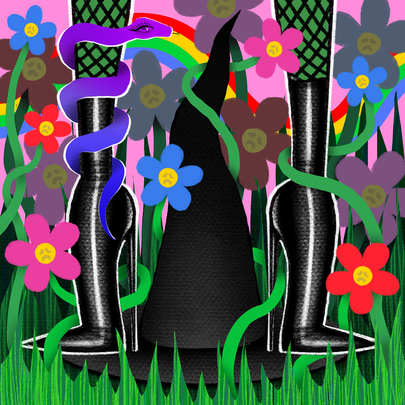 witch coven stripper feminism snake Flowers digital illustration book cover Tshirt Design rainbow fishnets emotion pride