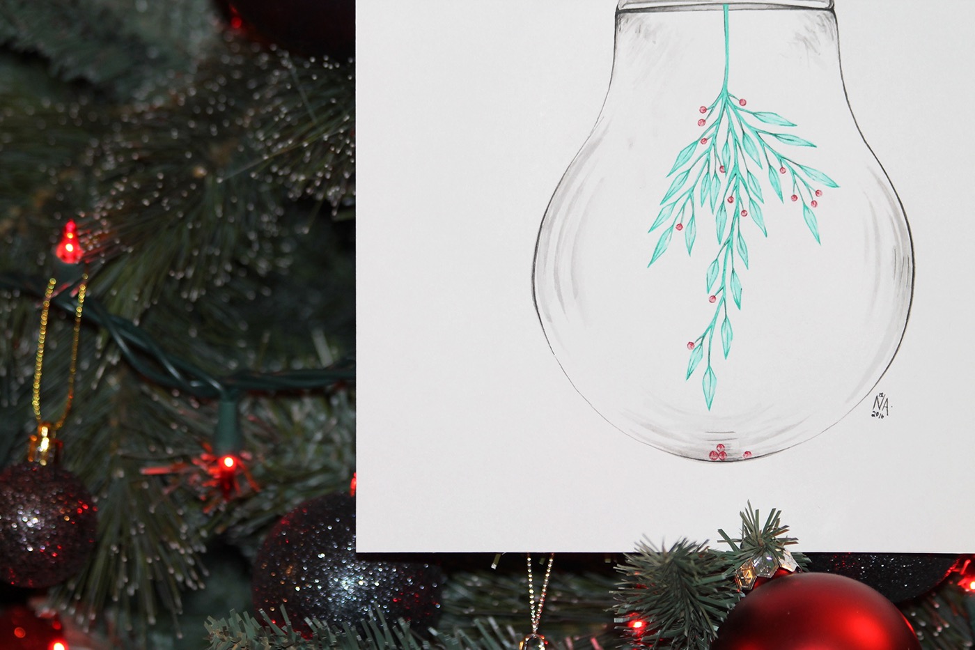Christmas mistletoe acrylic paint painting   Canada Ontario Lightbulb