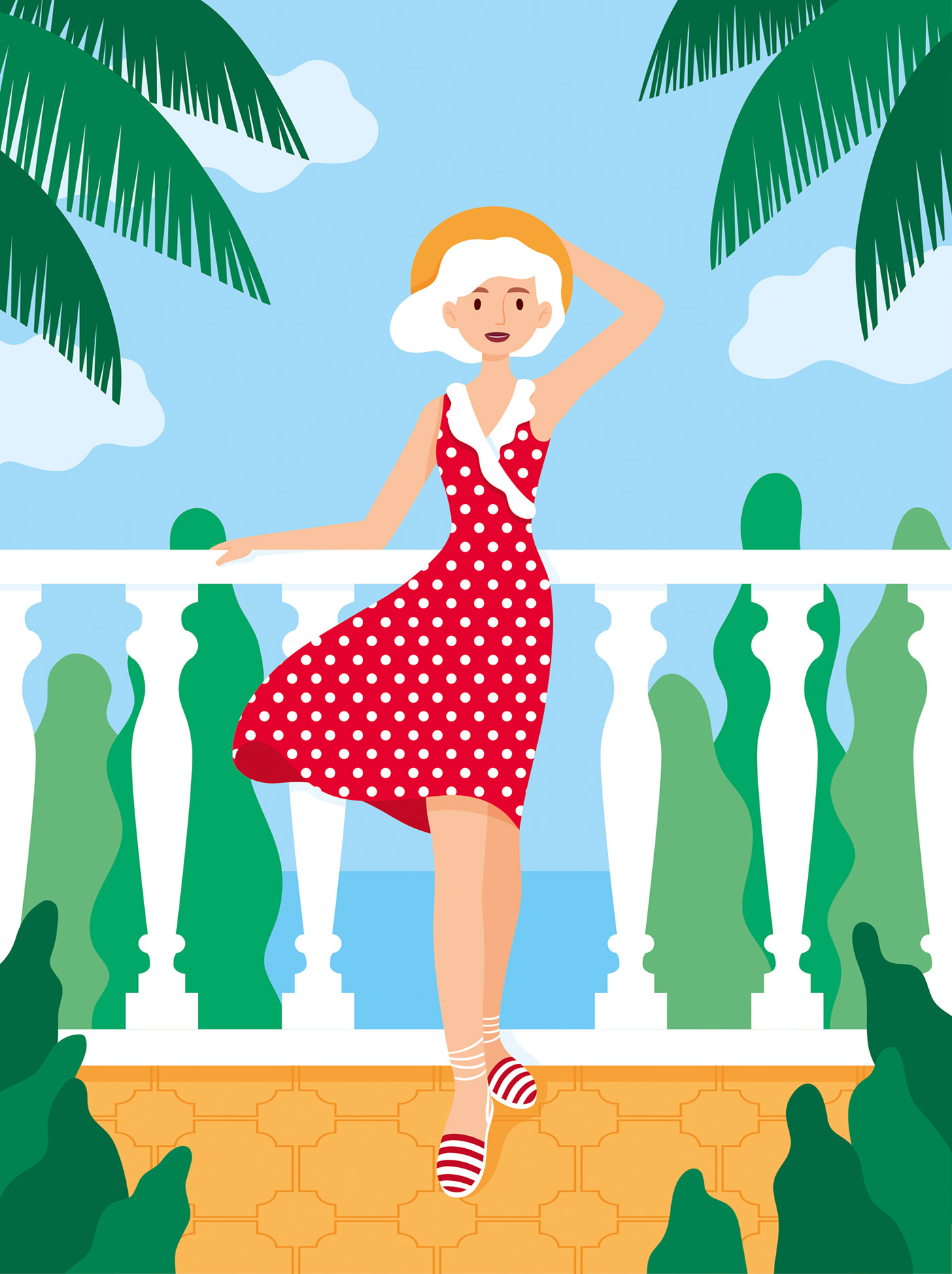 vector ILLUSTRATION  girl windy summer blonde sea Exotic plants dots red