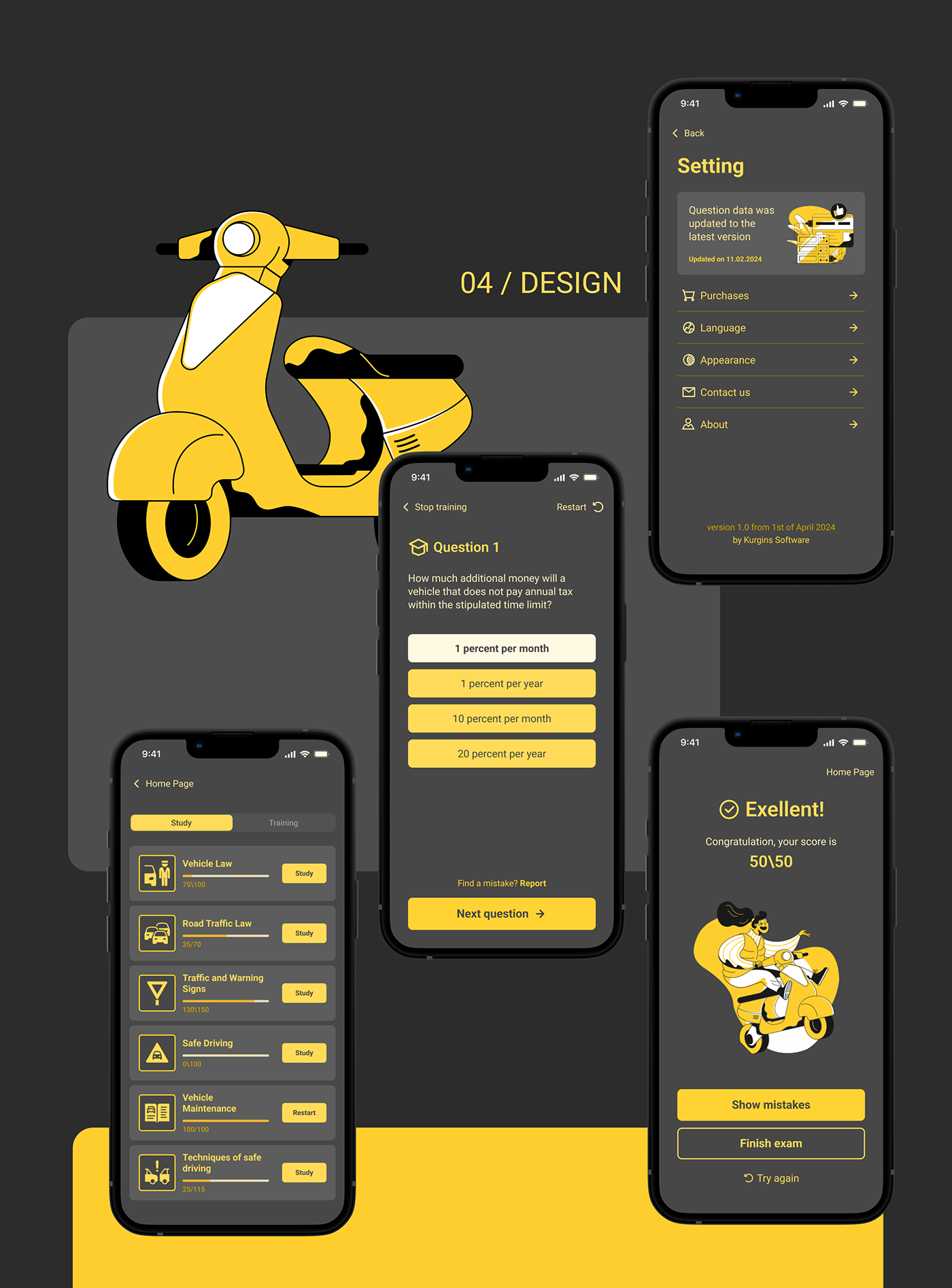 design Driving quiz app UI/UX Mobile app application user interface exam Education learning