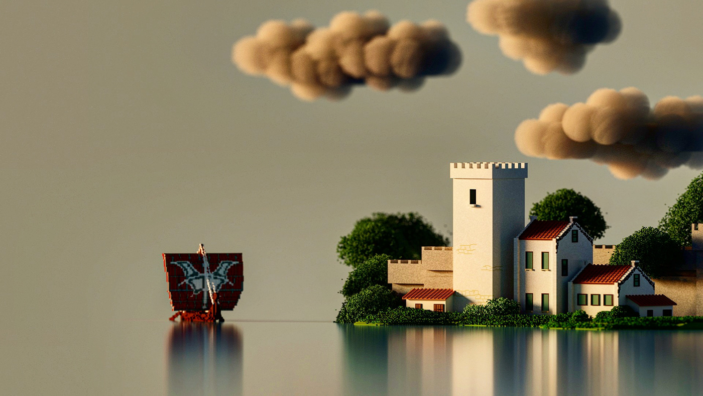 voxel Render voxelart pixelart art 3D forest MORNING Sun fog Shadows Diorama village cloud Ocean