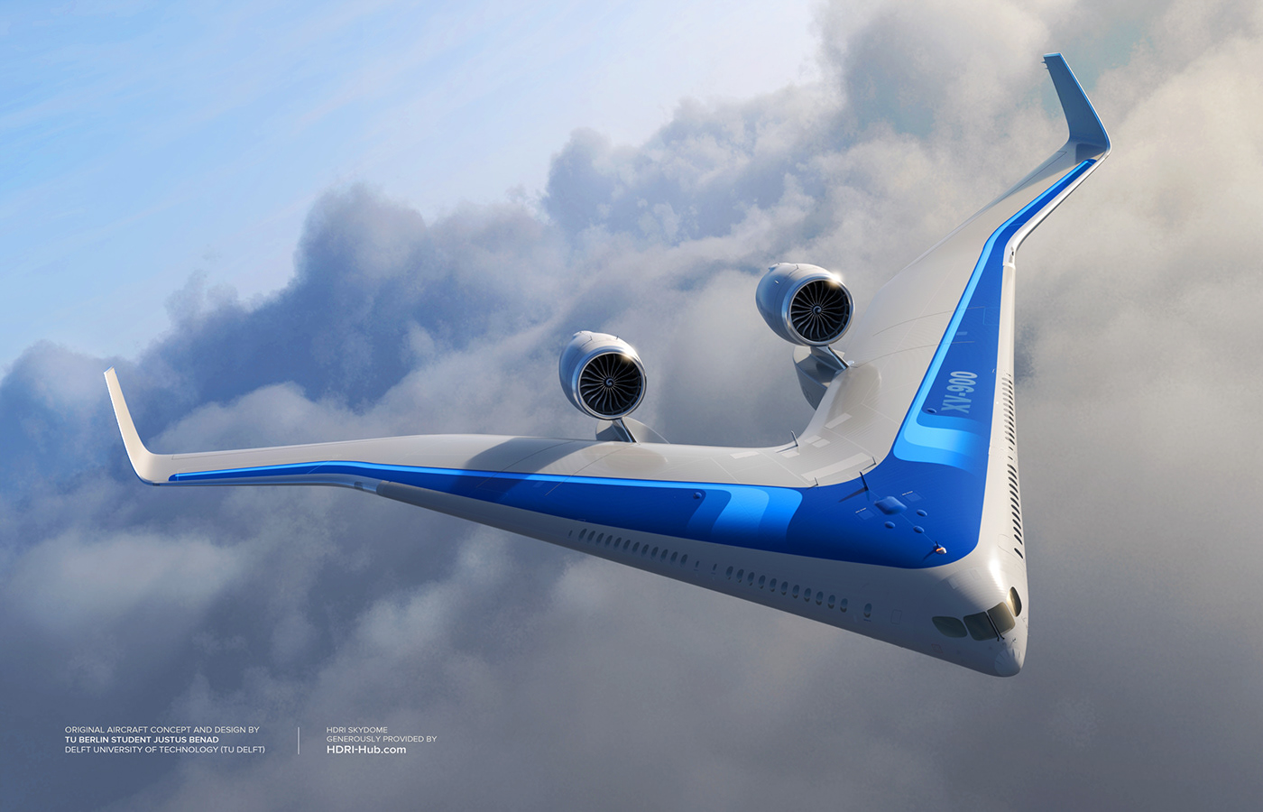 Concept flying wing passenger aircraft soars high over the clouds at sunset.