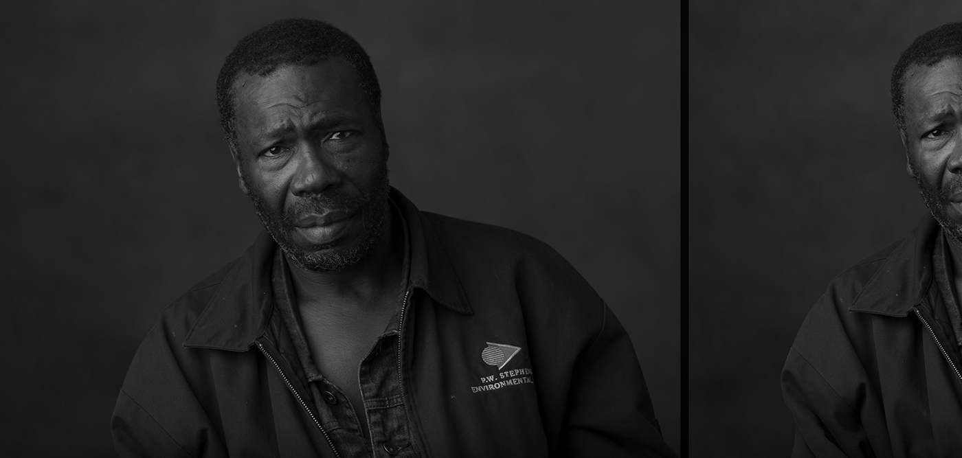 Beautiful Black and White Portrait of African American homeless man. US Citizen in Work jacket 