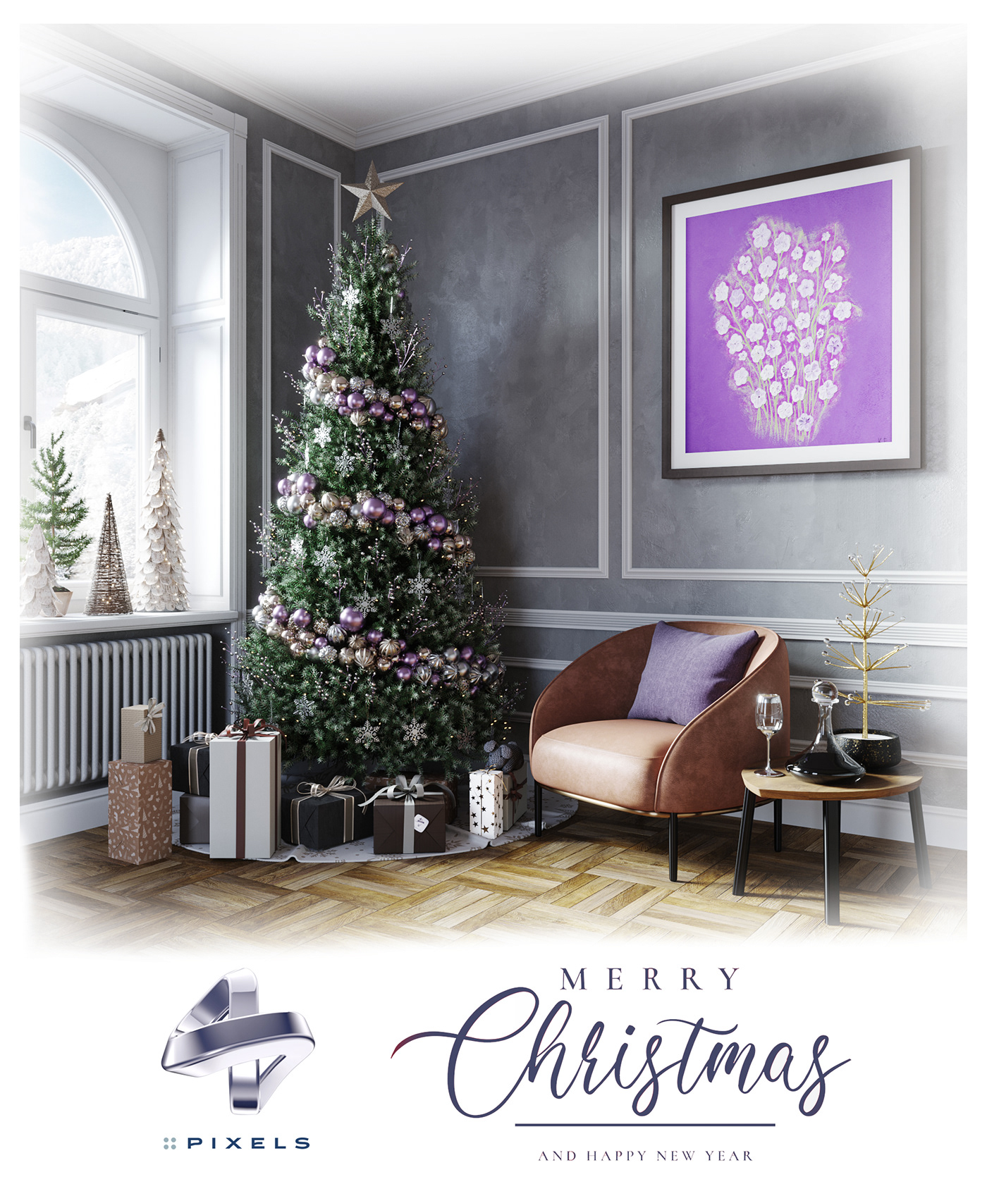 3D artwork CGI Christmas design greetings Interior modeling postcard visualization
