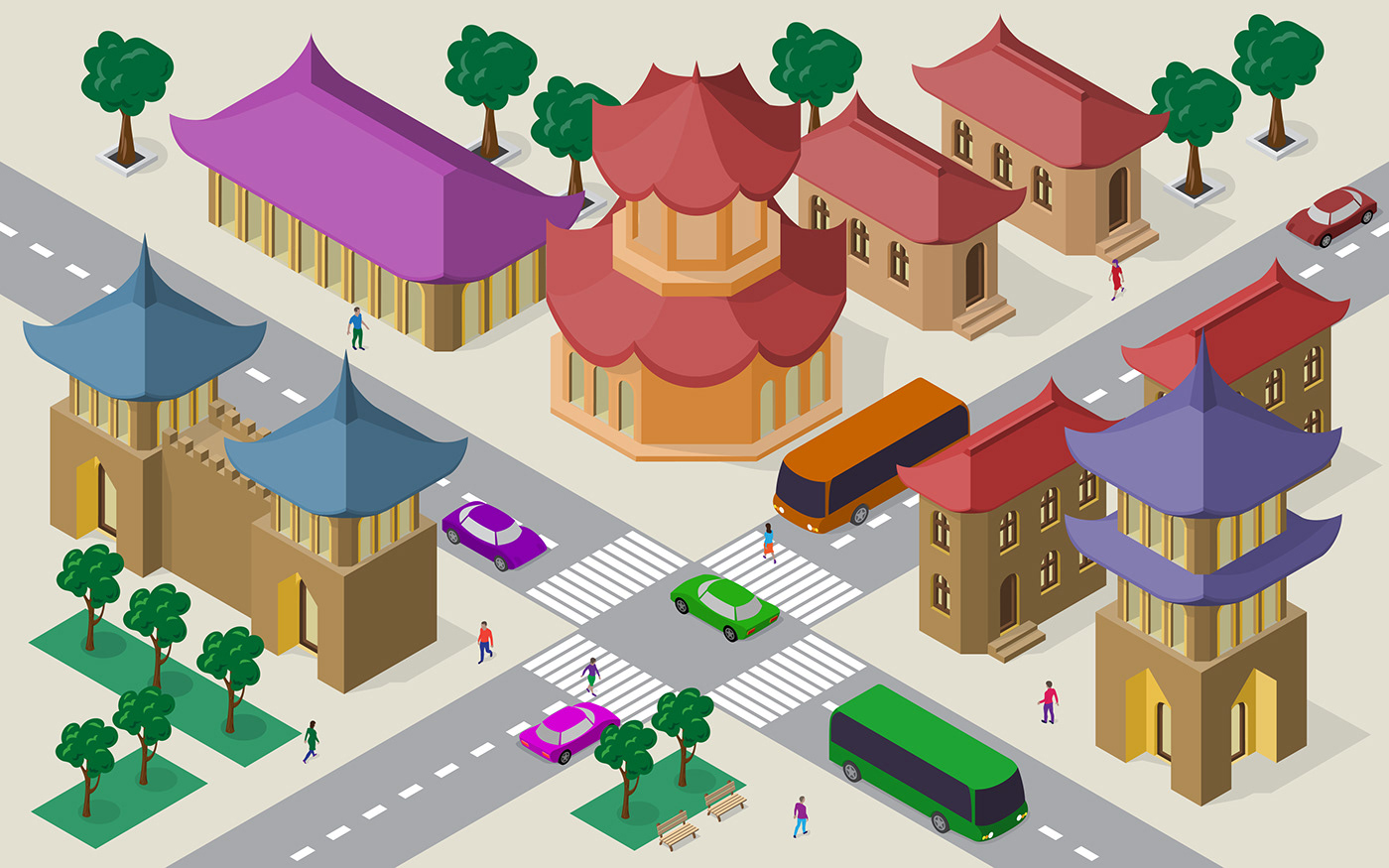 Isometric cityscape Citylife buildings city Street people car buses crossroad
