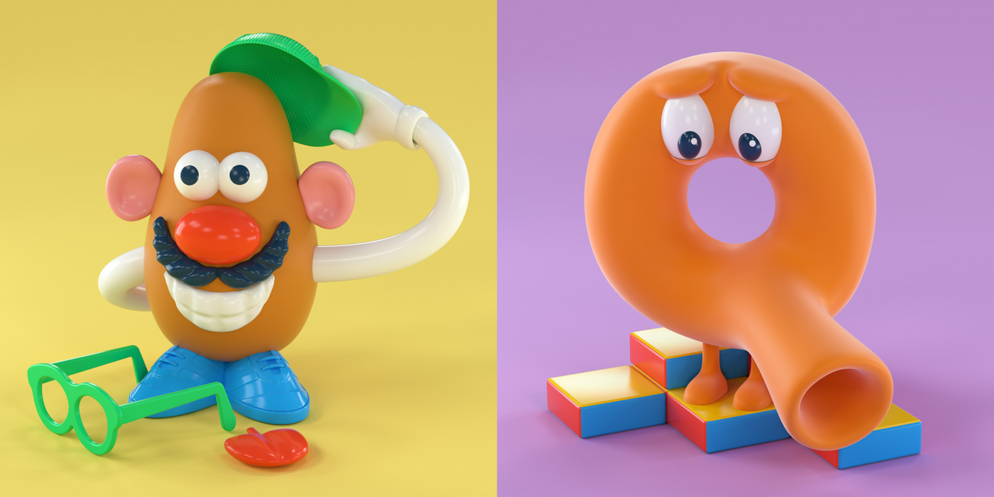 90s Toys Nostalgic Mr. Potato Head and Q*Bert 3D Letters P and Q by Noah Camp