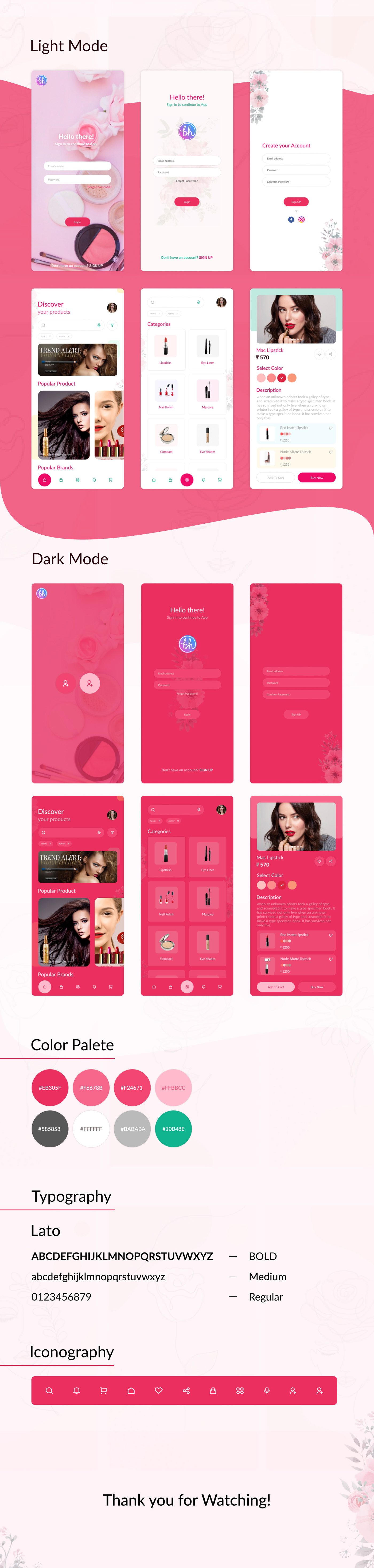 beauty colors cosmetics dark theme eyeliner light theme lipstick Mobile app pink UI/UX