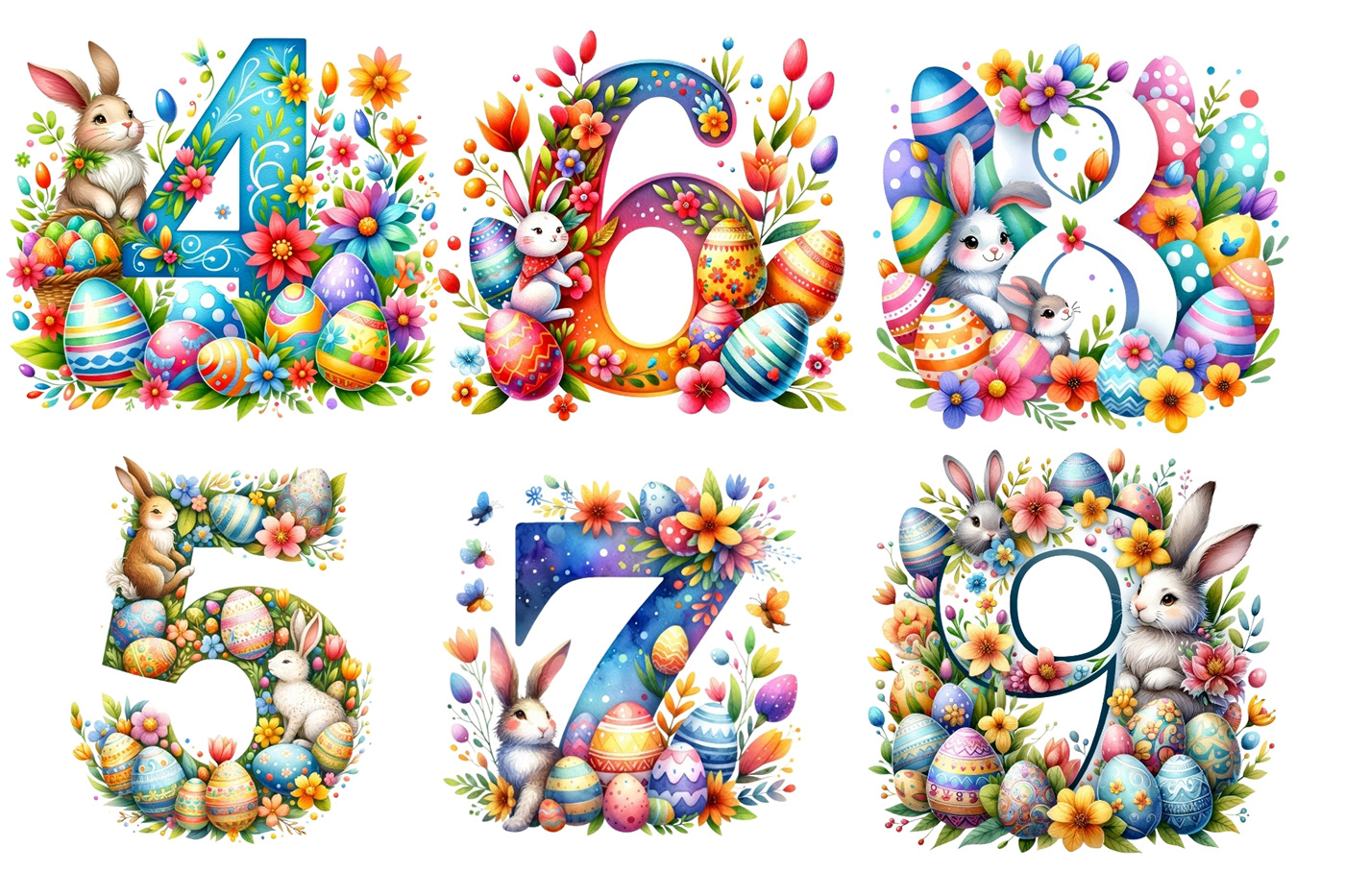 watercolor numbers Easter bunny easter day