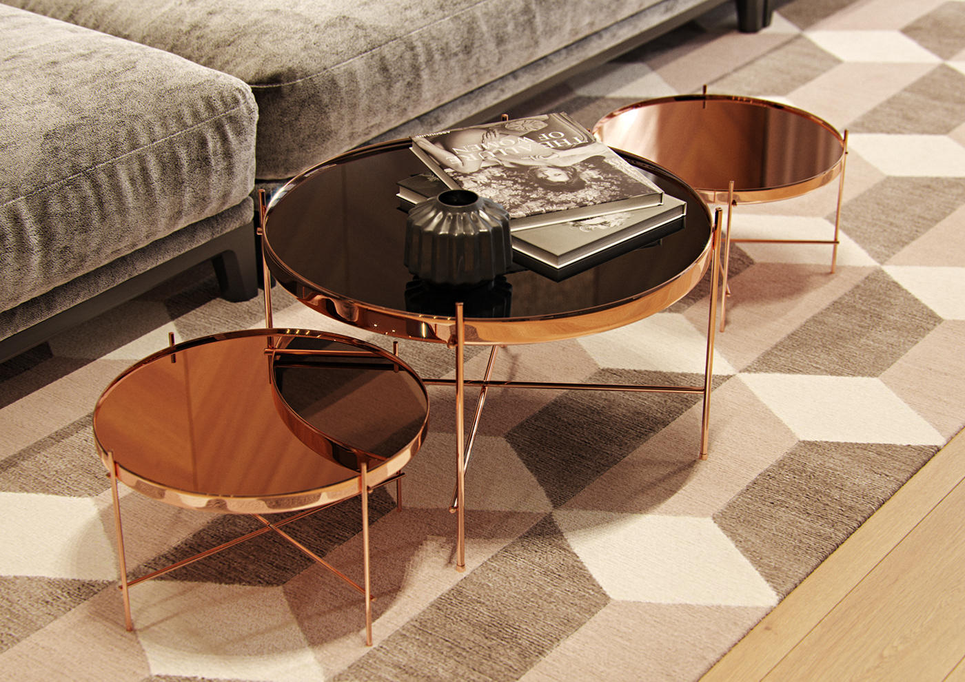 modern Render contemporary design wood dark gloss grey livingroom Interior