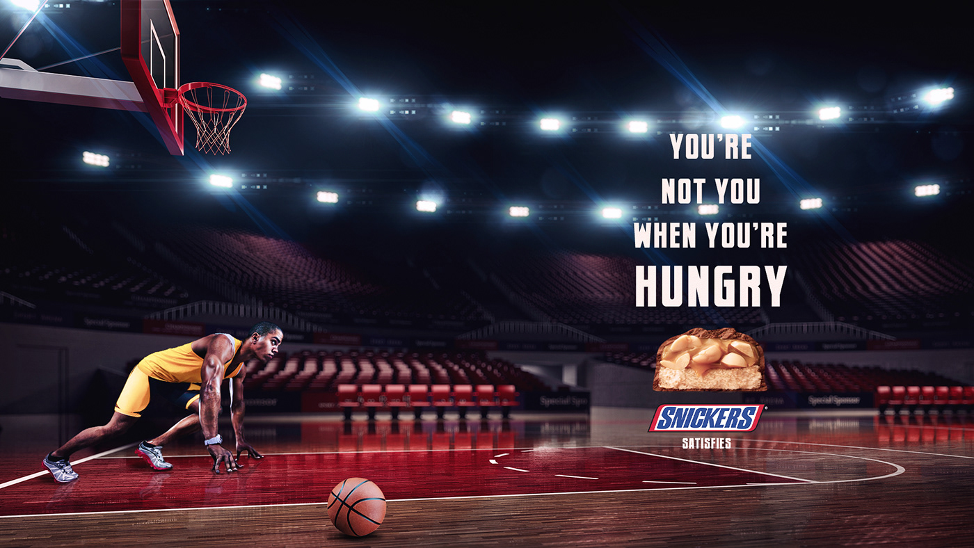 Advertising  banner basketball chocolate manipulation Snickers social media ads
