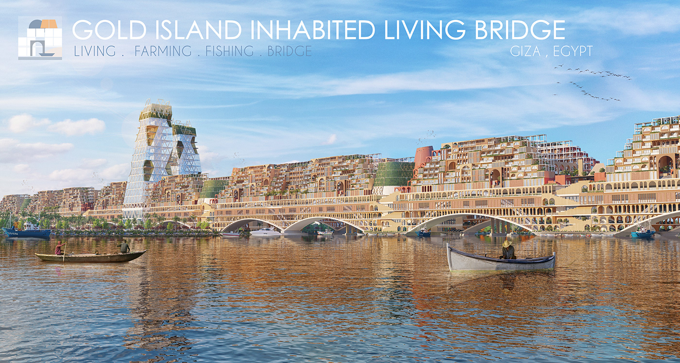 farming fishing giza gold island graduation project inhabited Living Bridge nile residential vertical farming