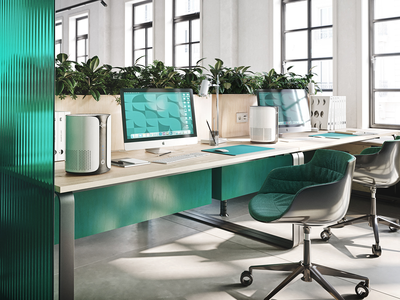 Image may contain: furniture, desk and computer