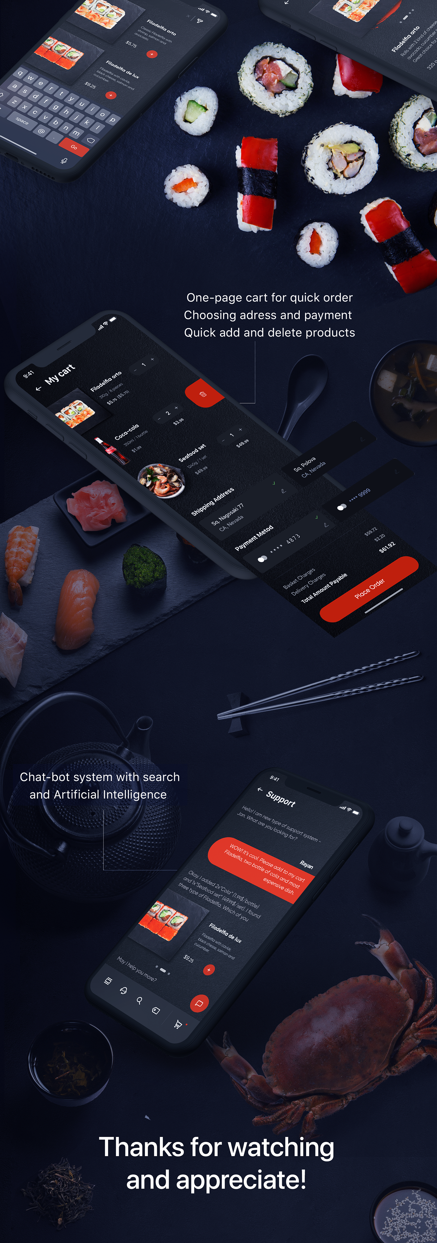 Sushi shop app design rolls culture minimum function application red