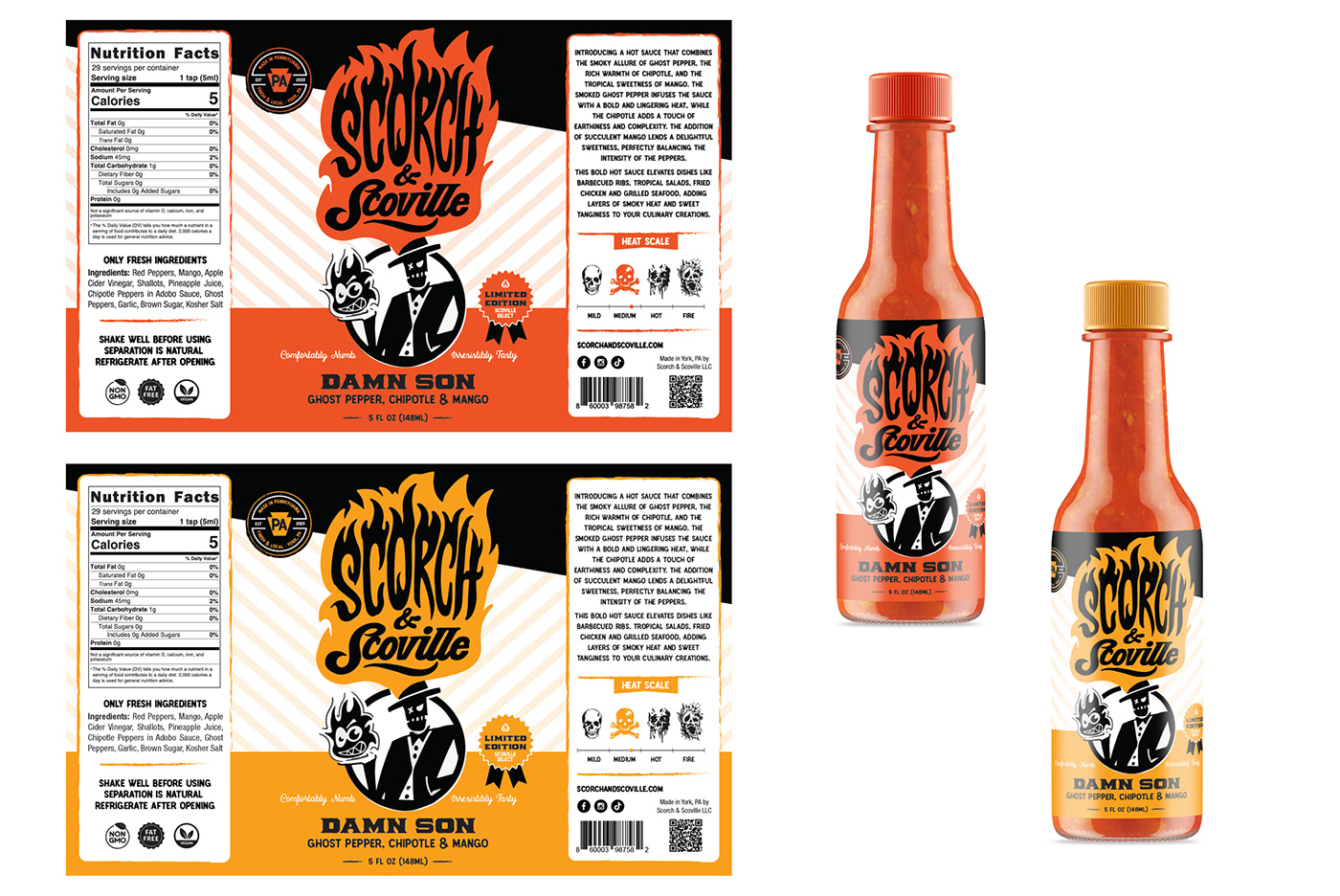 Hot sauce label design with custom wordmark as the logo for Scorch & Scoville. 