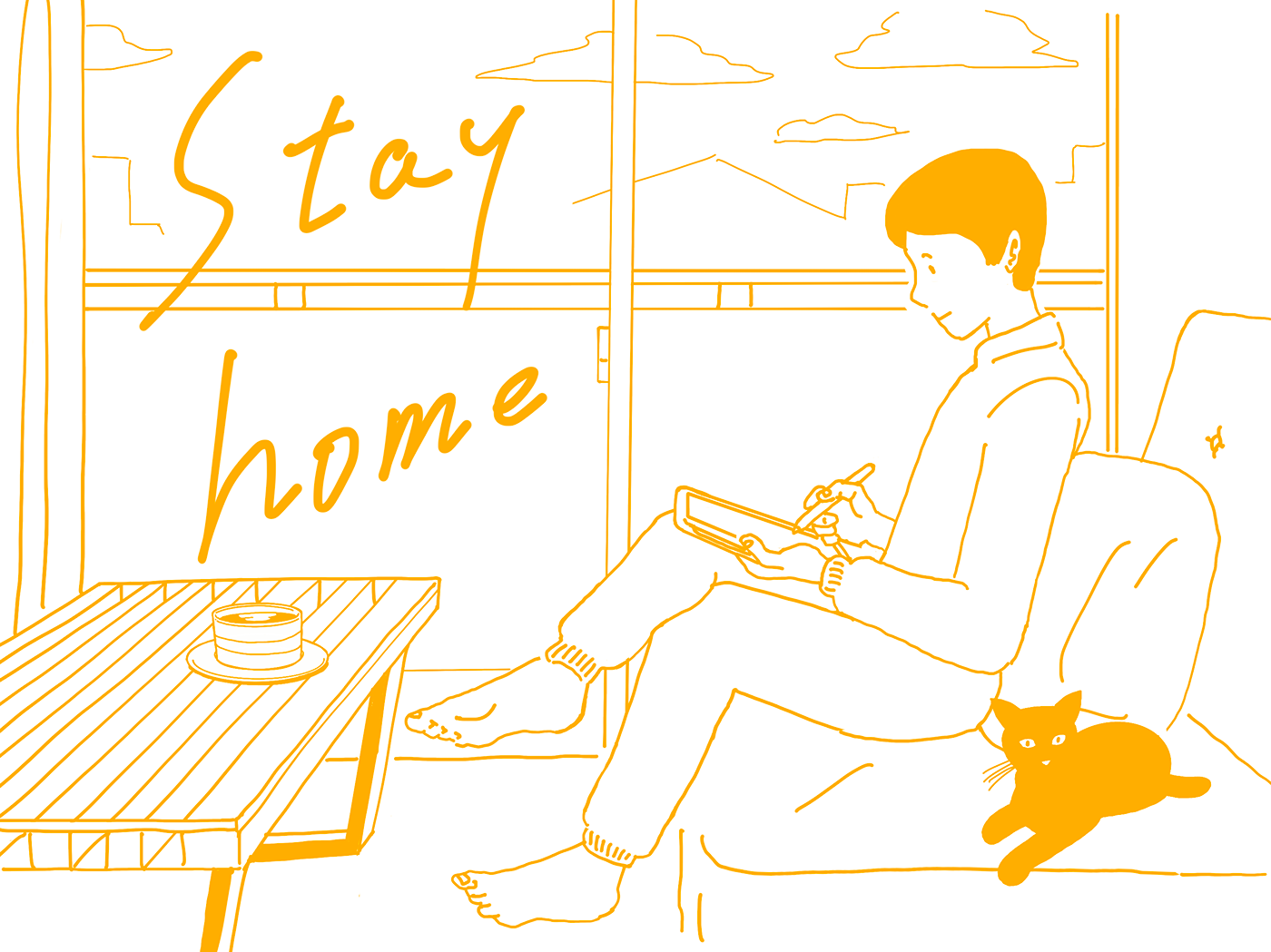 A man with a black cat is staying at home