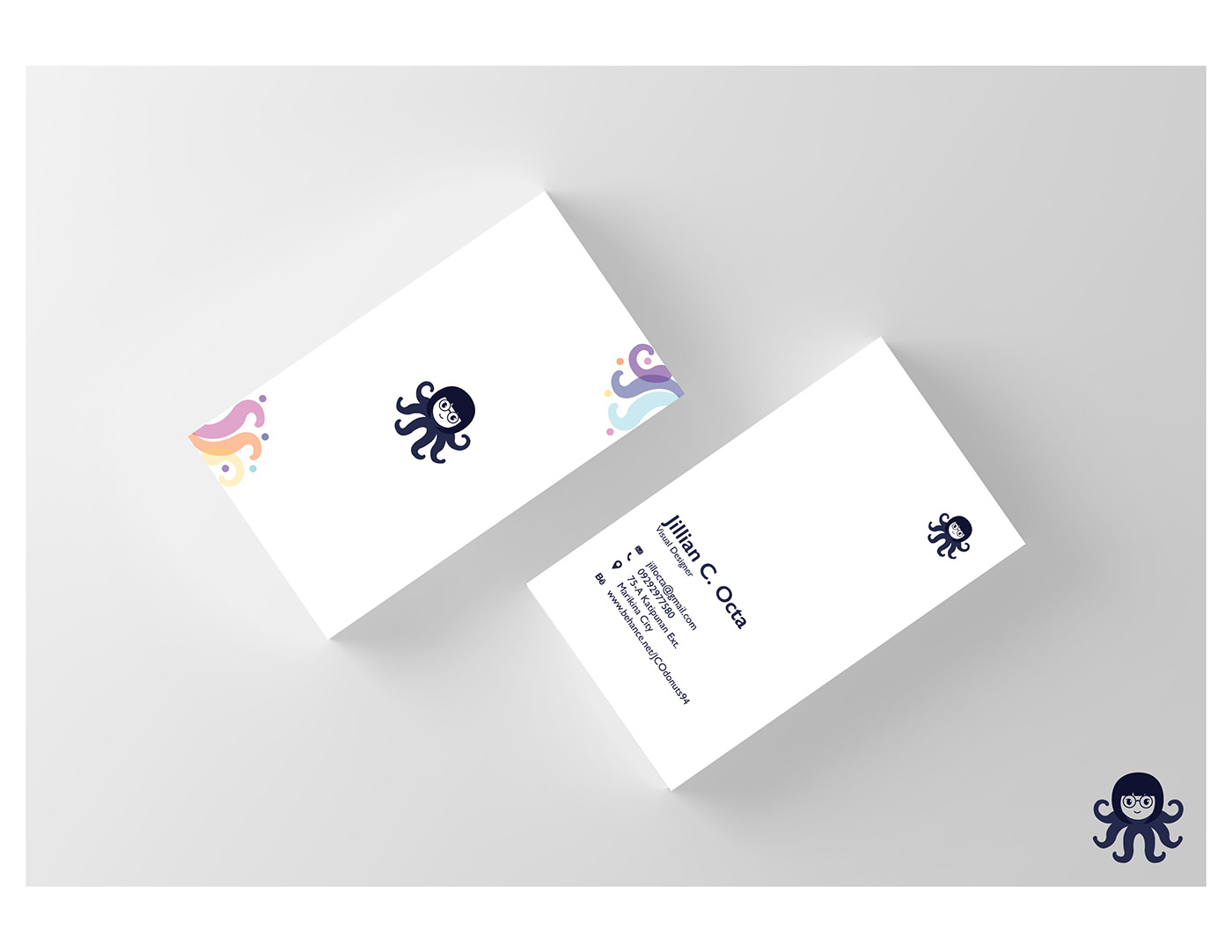 Branding. business card colorful Concepts. conceptualization design thinking Layout art. octopus portfolio. Resume