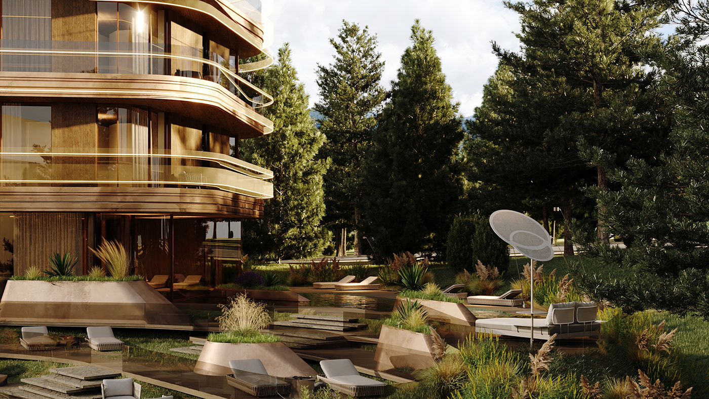 architecture design glass gold highend luxury mountains Render wood