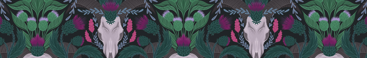 botanical dark fabric fantasy floral pattern skeleton skull textile wallpaper