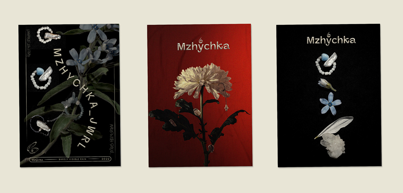 You can see black and red posters with the brand identity and logotypes for jewelry brand. 