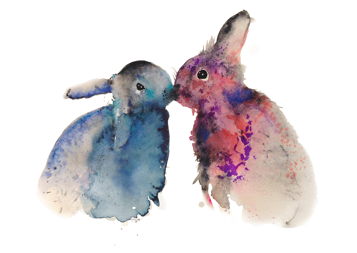 bunnies animals Love watercolors children illustration Fine Arts 