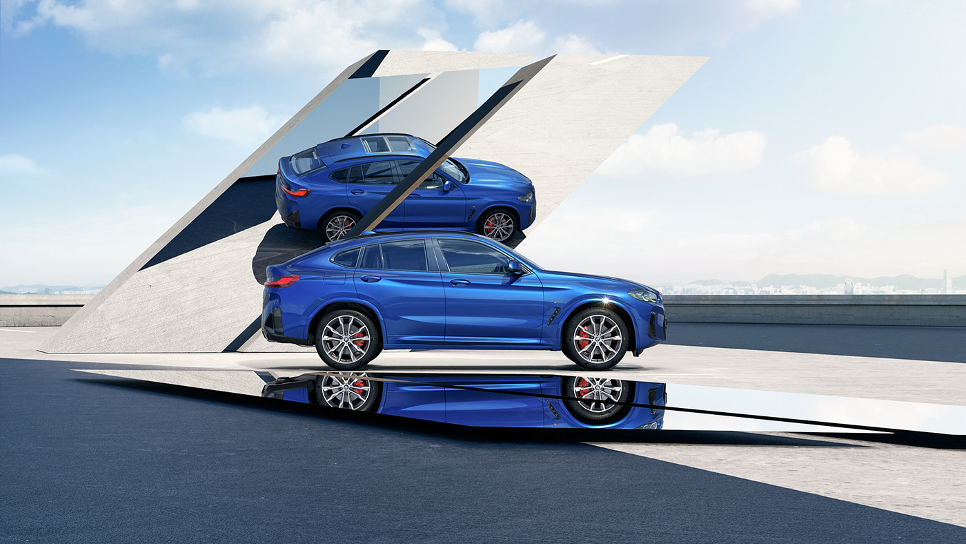 CGI automotive cgi automotive   BMW blue car mirrors Automotive Photography Advertising  bmw x4 reflections