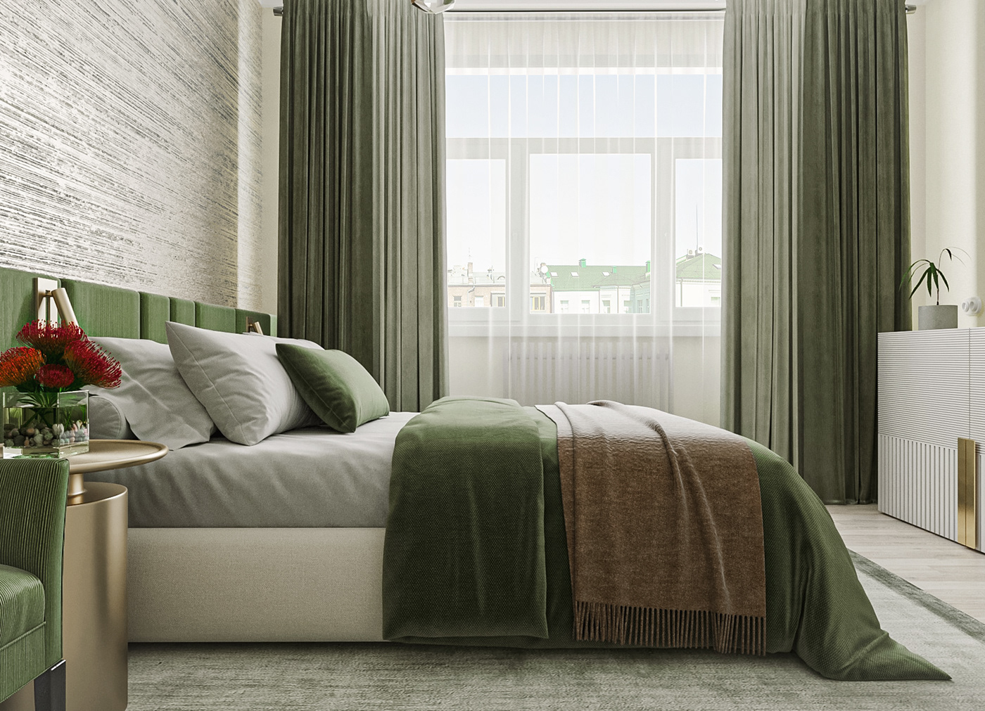 green gold warm bed bedroom modern Fashion  guest White cozy