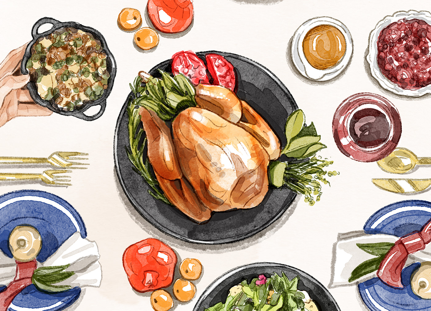 Holiday Food  table drink thanksgiving Turkey dish hands salad menu