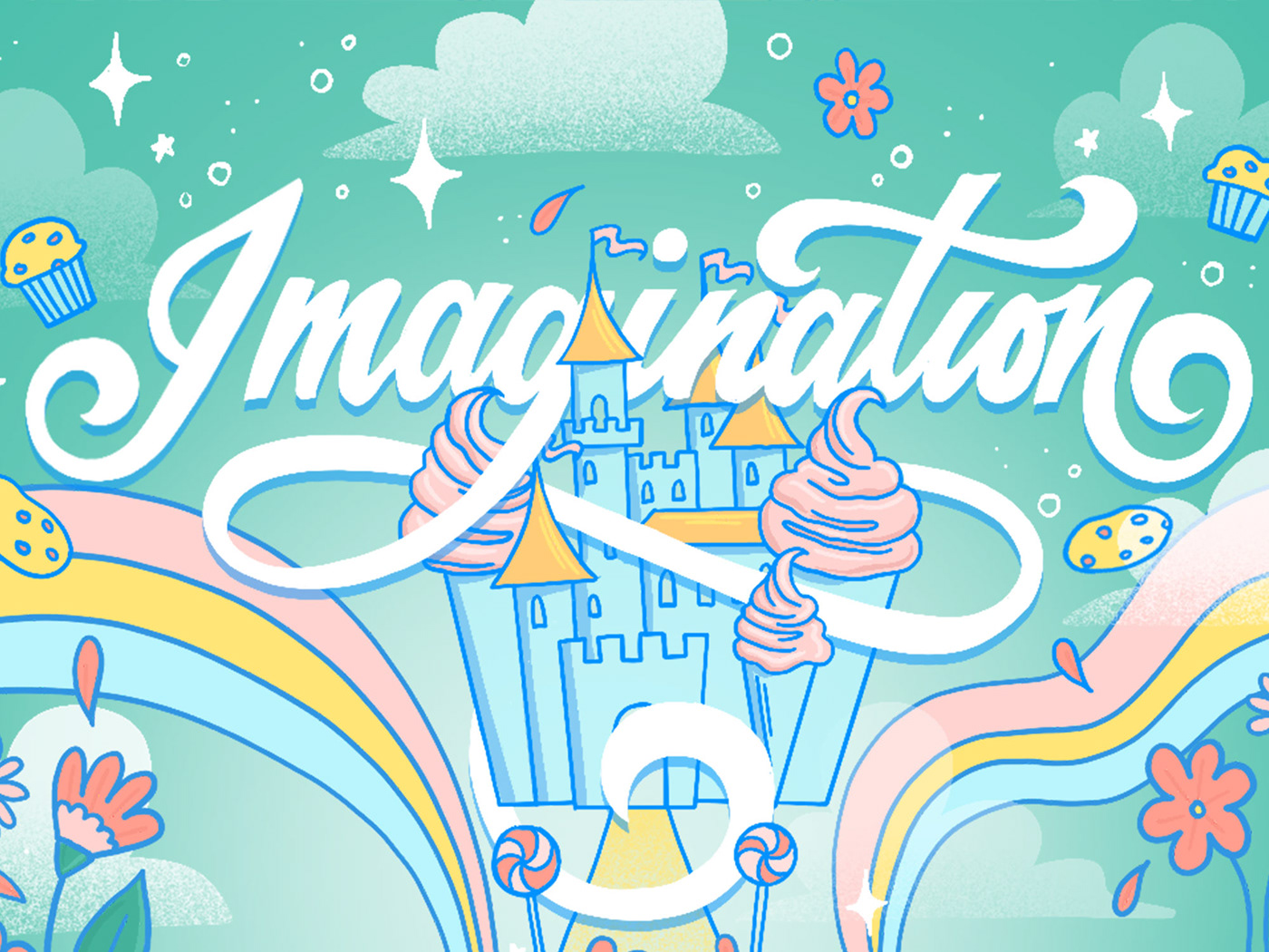 Magical digital illustration on photo featuring "Imagination" in script lettering and a castle