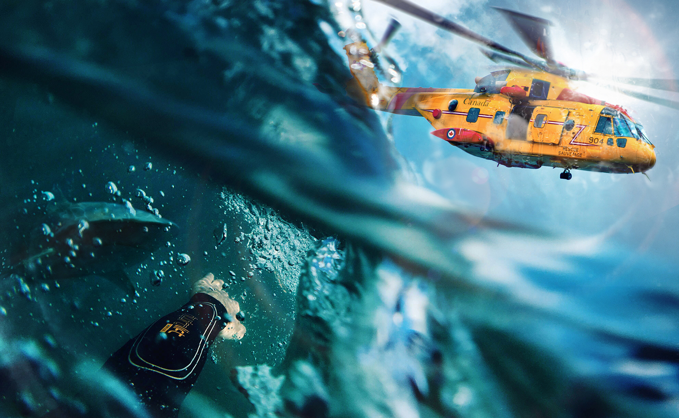 adobe photoshop photo manipulation montage creative retouch wacom Composite water shark helicopter emergency rescue