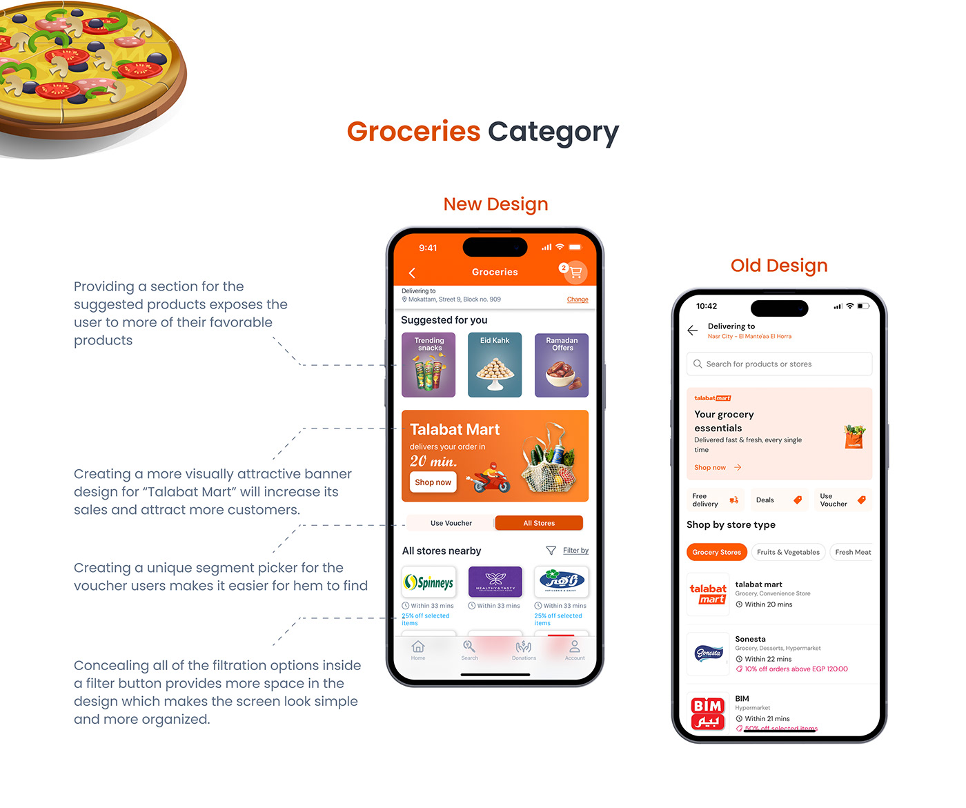 UI/UX Case Study redesign concept Grocery App design Food app UI delivery app Food Delivery App design orange ui design Talabat appication Interaction design 