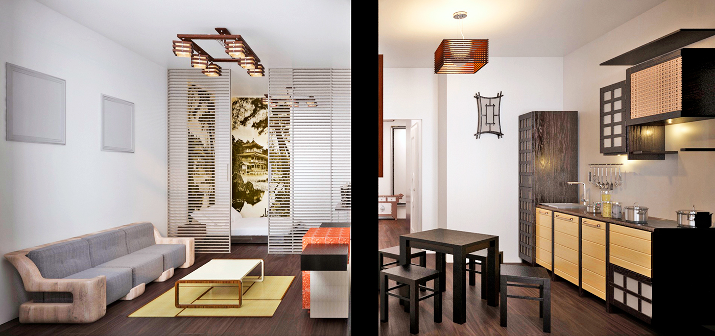 japan minimalistic dark Interior vray bedroom kitchen red light kioto wood wooden metal Classic geometry