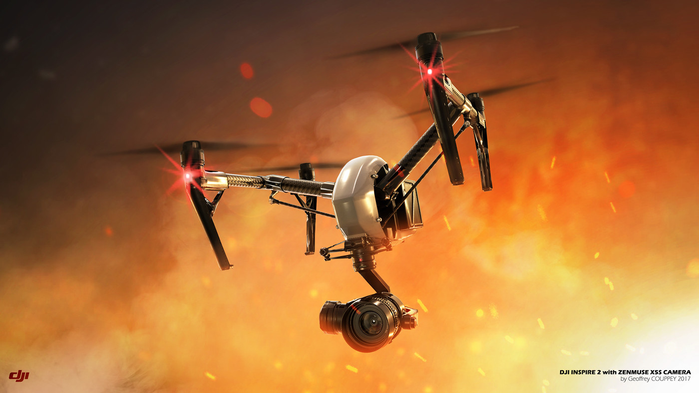 3D quadcopter Fly fire sparks drone camera raw