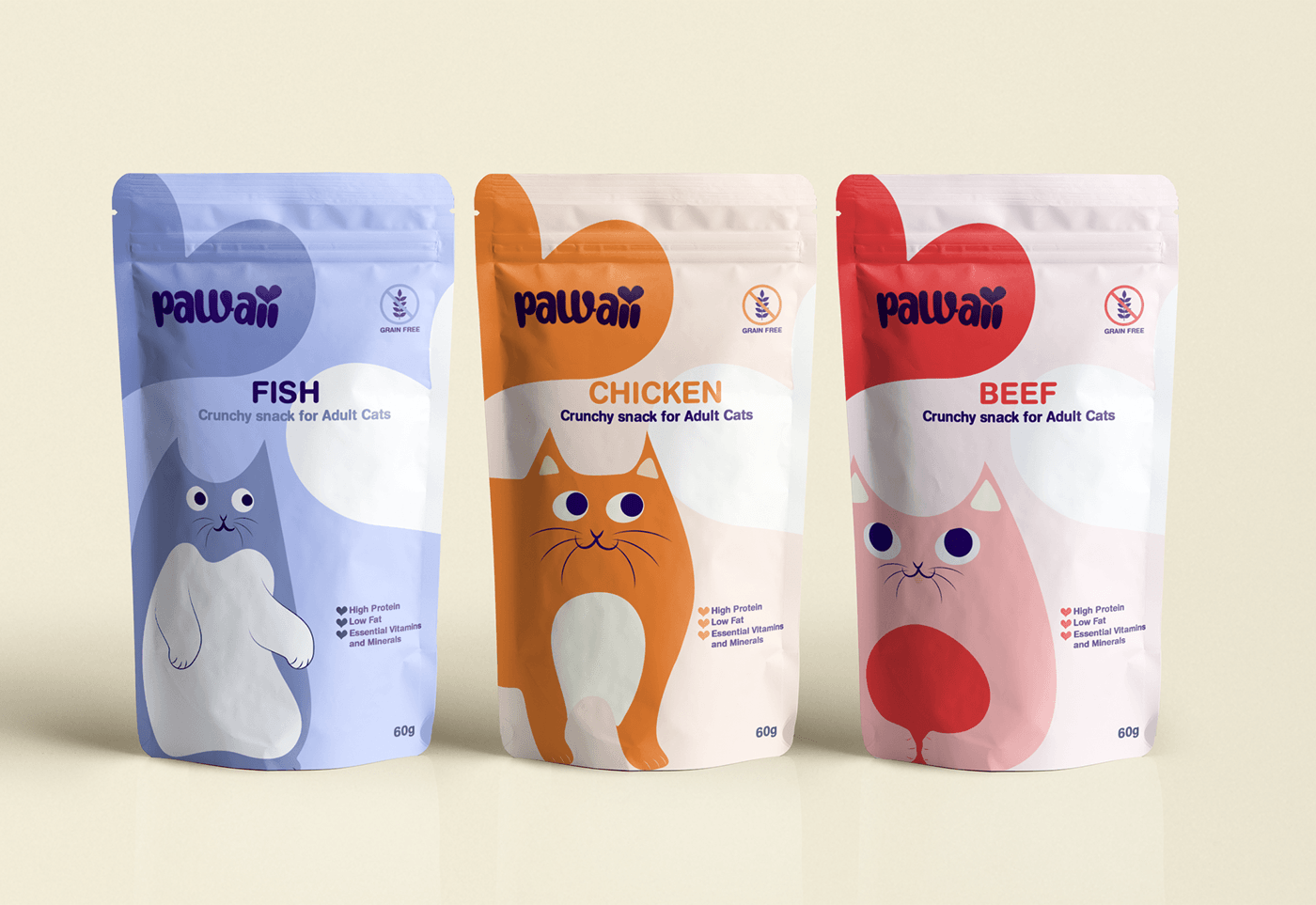 Pouch Design  cat food packaging ILLUSTRATION  flat illustration graphic design  visual identity Brand Design cute illustration kawaii design