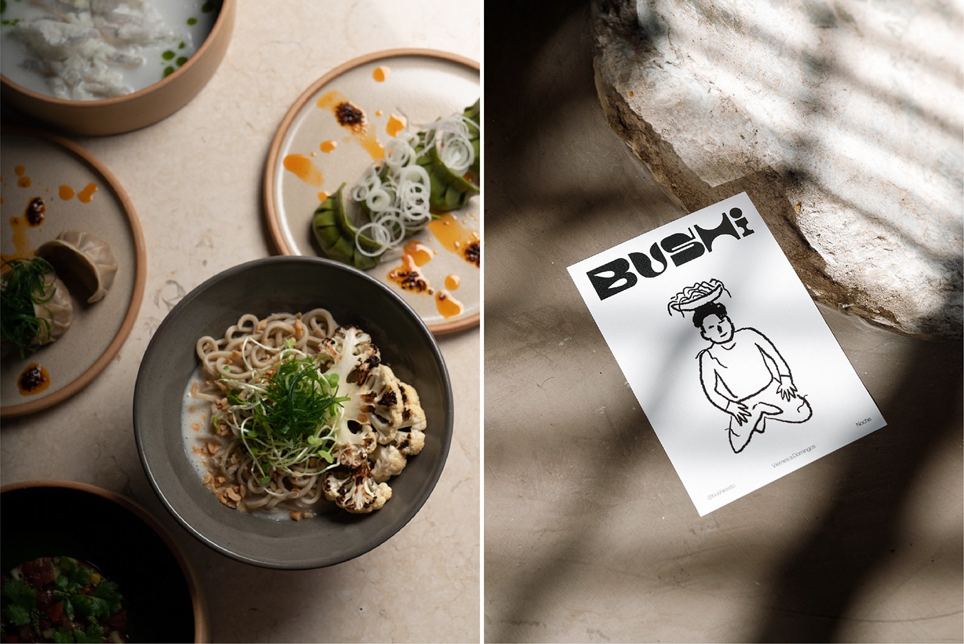 branding  brand identity Logo Design identity asian cuisine ramen dumplings ILLUSTRATION  Packaging Bushi