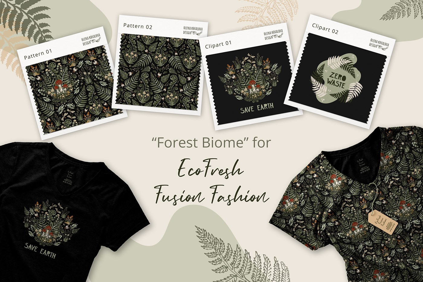 seamless pattern clipart ILLUSTRATION  concept art Vector Illustration hand drawn leaves Mushrooms fern forest