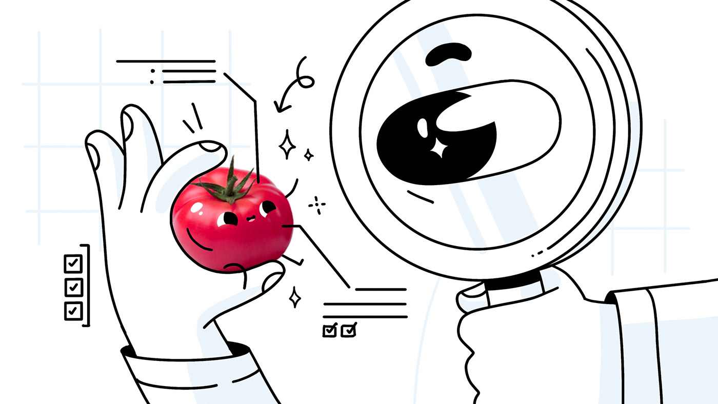 Character holds a live tomato in his hand, which is analyzed. Tomato il a picture in outline
