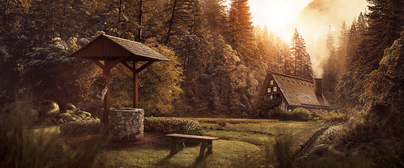 Matte Painting sunset house cabing wishing well grass Shimney João Cavalcante