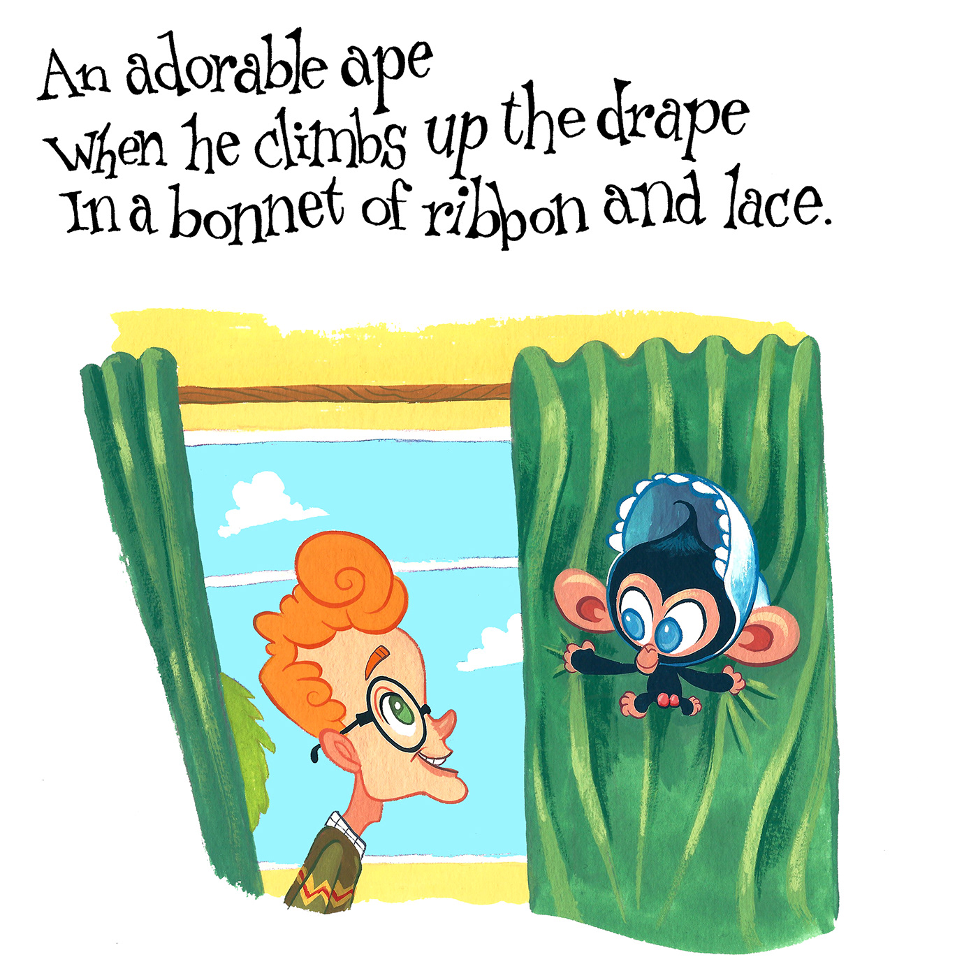 ape cartoon chimp gouache ILLUSTRATION  poem rhyme whimsical