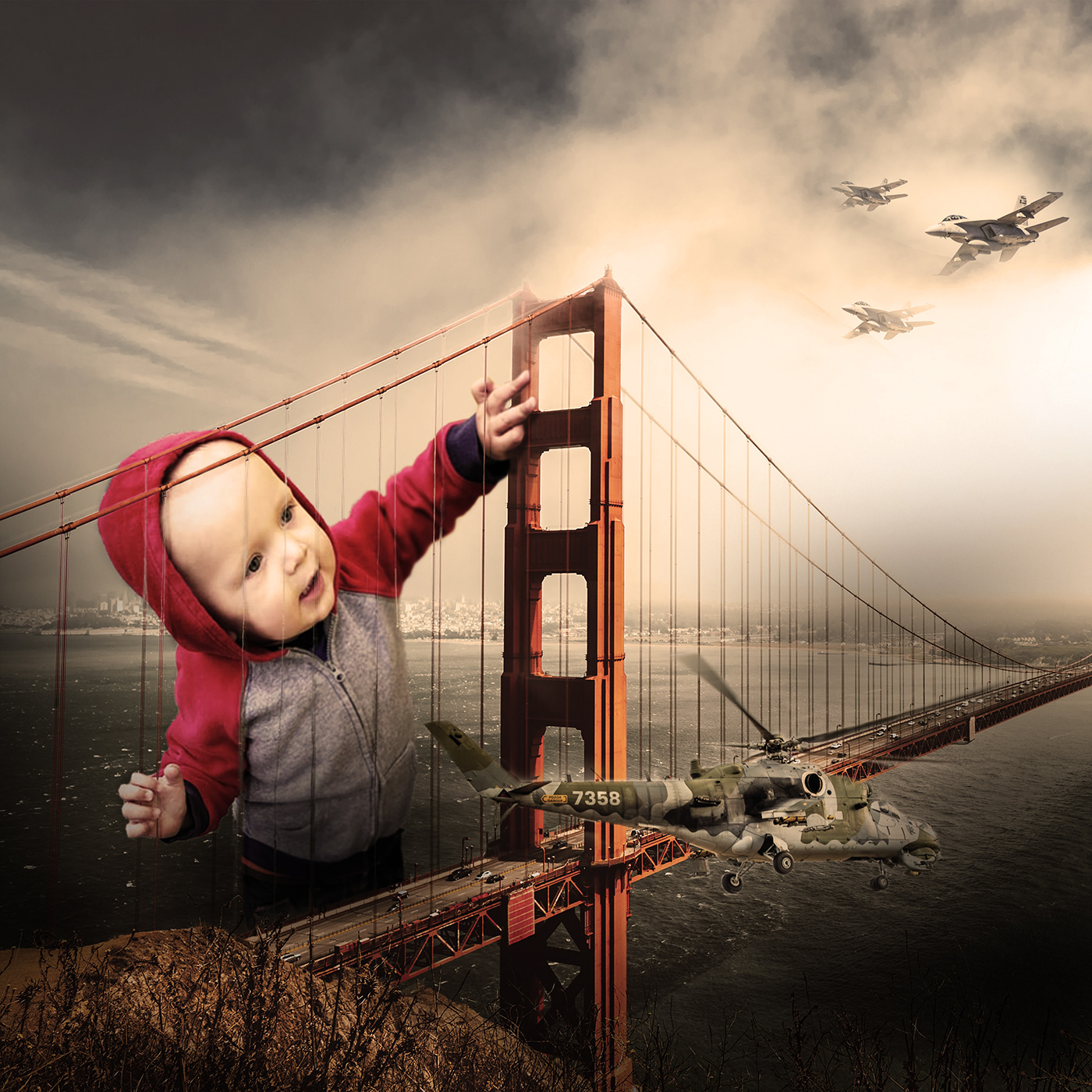 photoshop toddler baby child kid photo Composite photo-manipulation monster city