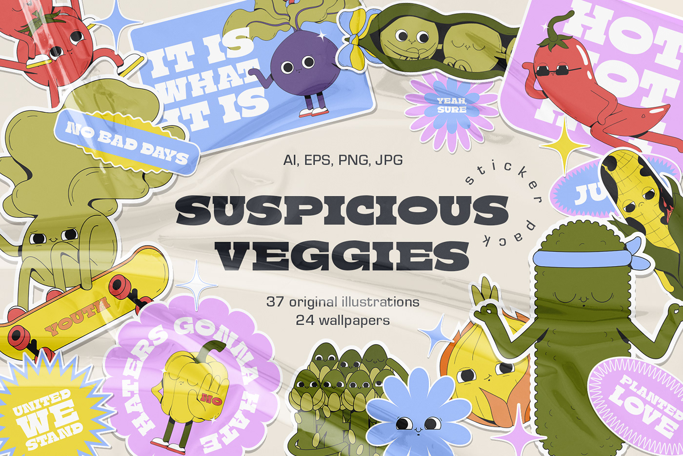 cute food illustration ILLUSTRATION  sticker sticker pack suspicious vector vegetables veggies youth