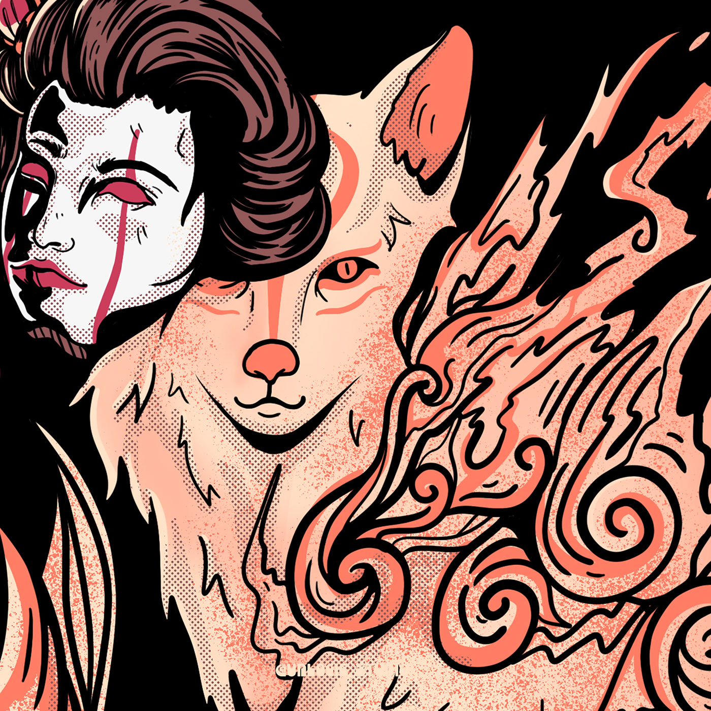 animal culture fire FOX geisha ILLUSTRATION  japanese kitsune mask mytical