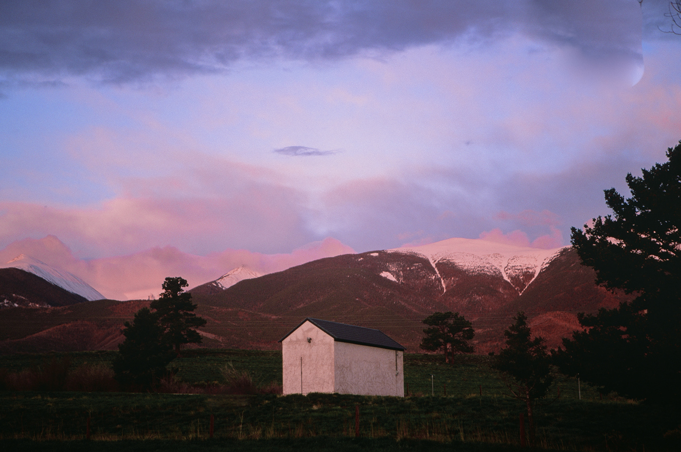 cabin color palette Colorado film photography fuji velvia mountains pastel colors pink clouds self portrait Sunrise