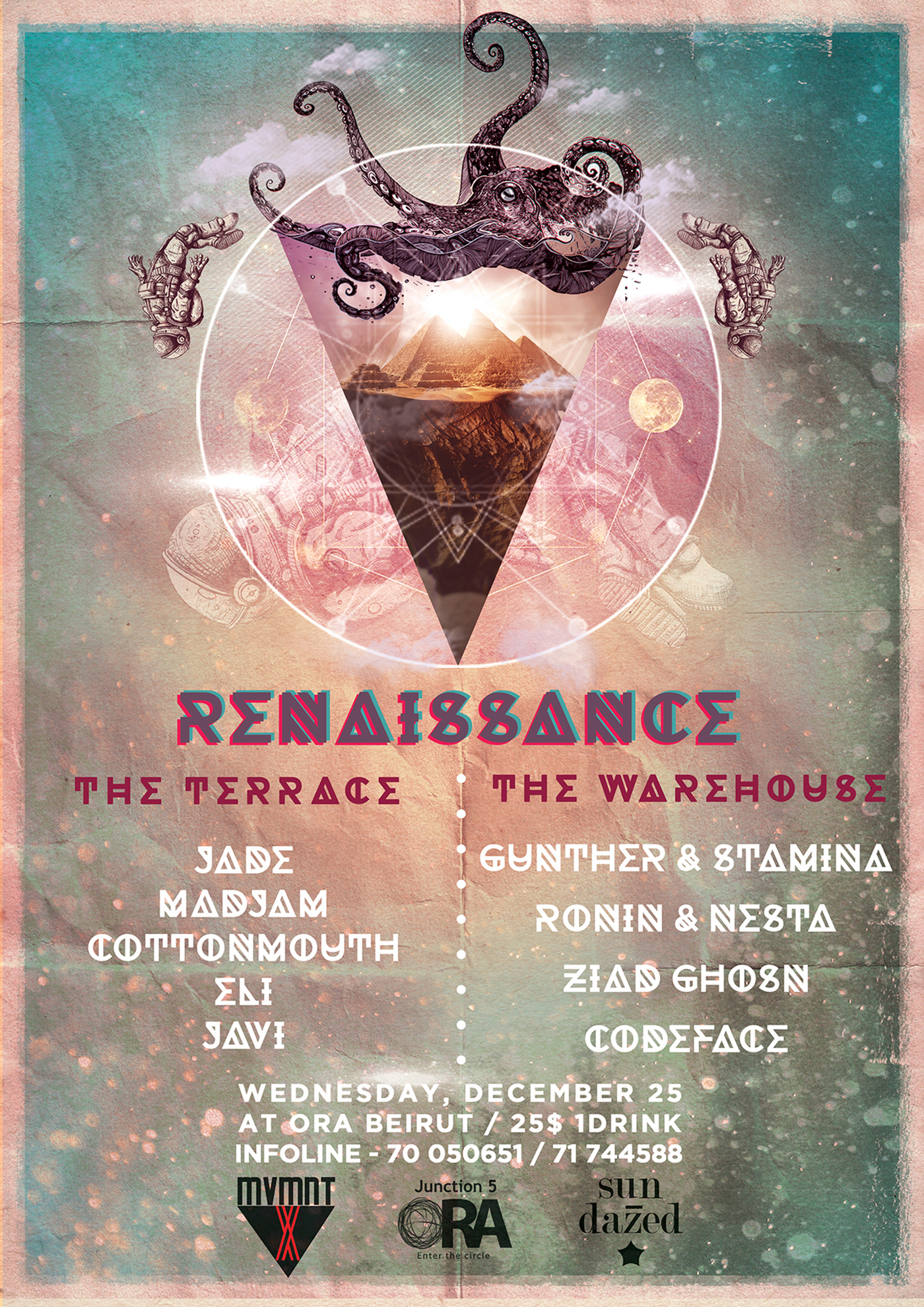 Renaissance Triangles geometric grungy party Event Beirut octopus illuminati astronaut pyramids flyer poster