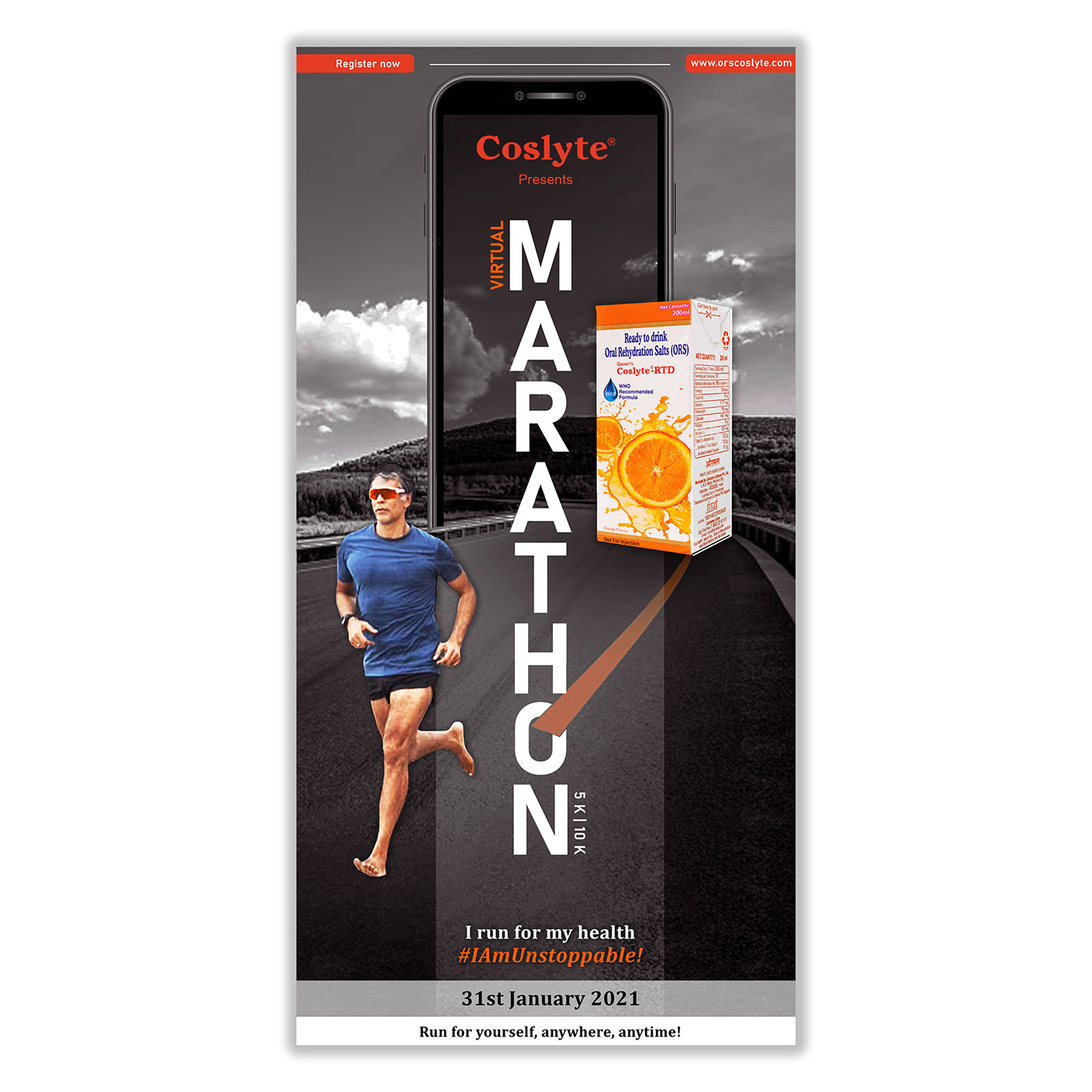 Advertising  Event Marathon Milind Soman Oral Rehydration Salts orange ORS poster print virtual marathon