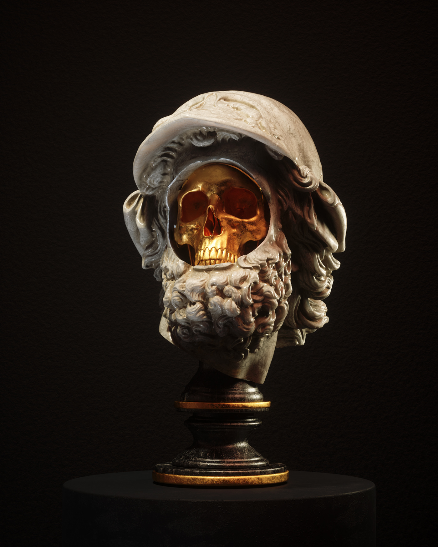 3D billelis gold greek Marble roman sculpture skeleton skull