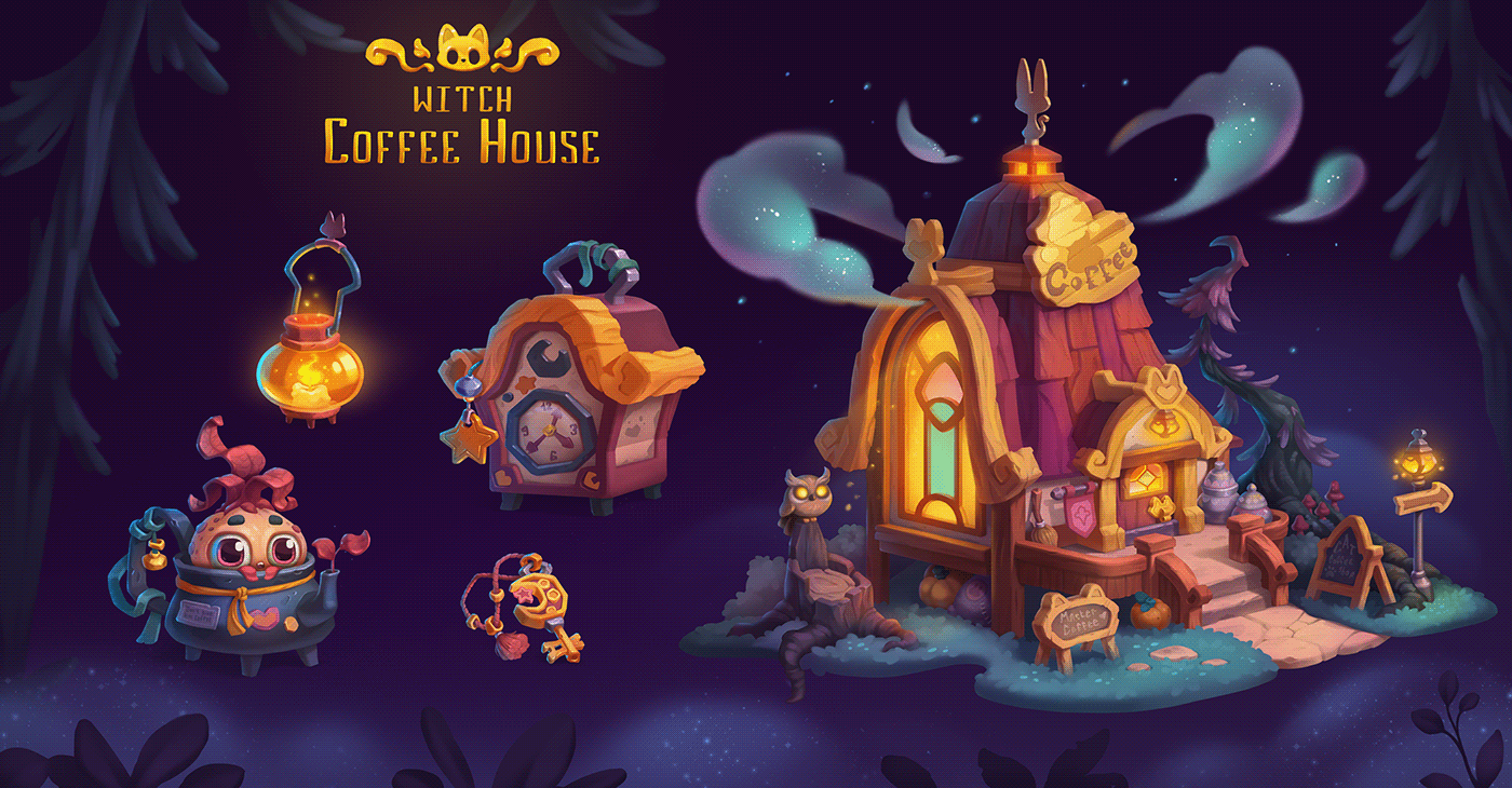 2D Cat clock Coffee concept house ILLUSTRATION  key Magic   witch